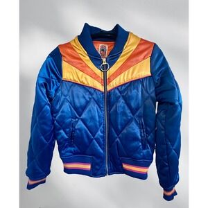 Classic Rock Couture Quilted Bomber Jacket 70's  Design Blue Orange Yellow Xs